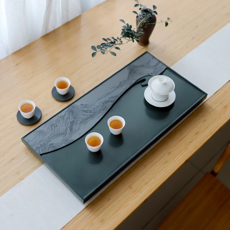 观造乌金石茶盘天然整块石头家用简约小茶台石板茶海茶具石盘
