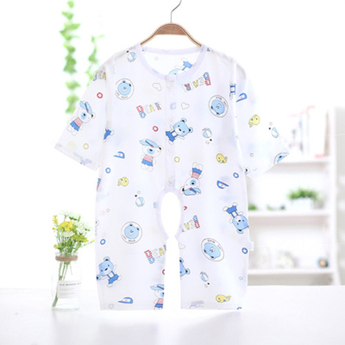 婴儿长袖绵绸连体衣夏天12个月男女宝宝爬服棉绸空调服开档睡衣