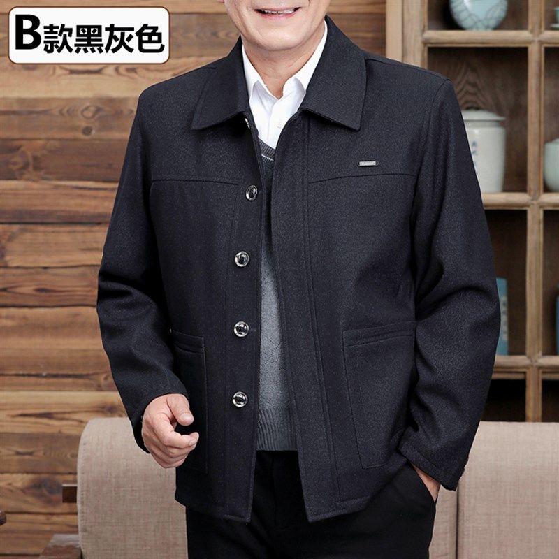爸爸春季外套中老年男士春秋款老人夹克爷爷春装宽松休闲纽扣上衣