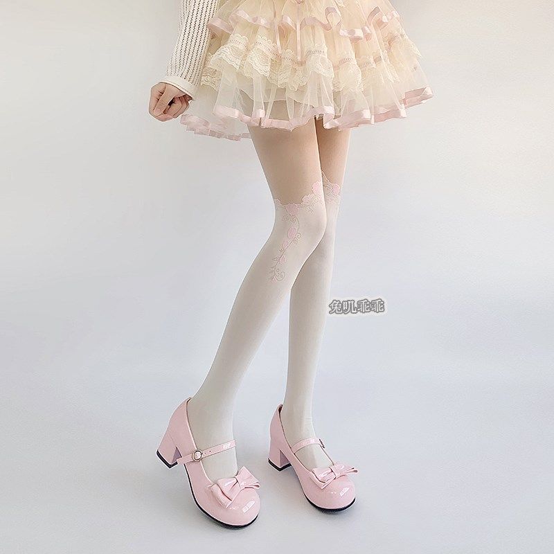 lolita丝缎芭蕾风白色丝袜连裤袜子女薄款可爱甜美蕾丝拼接打底袜