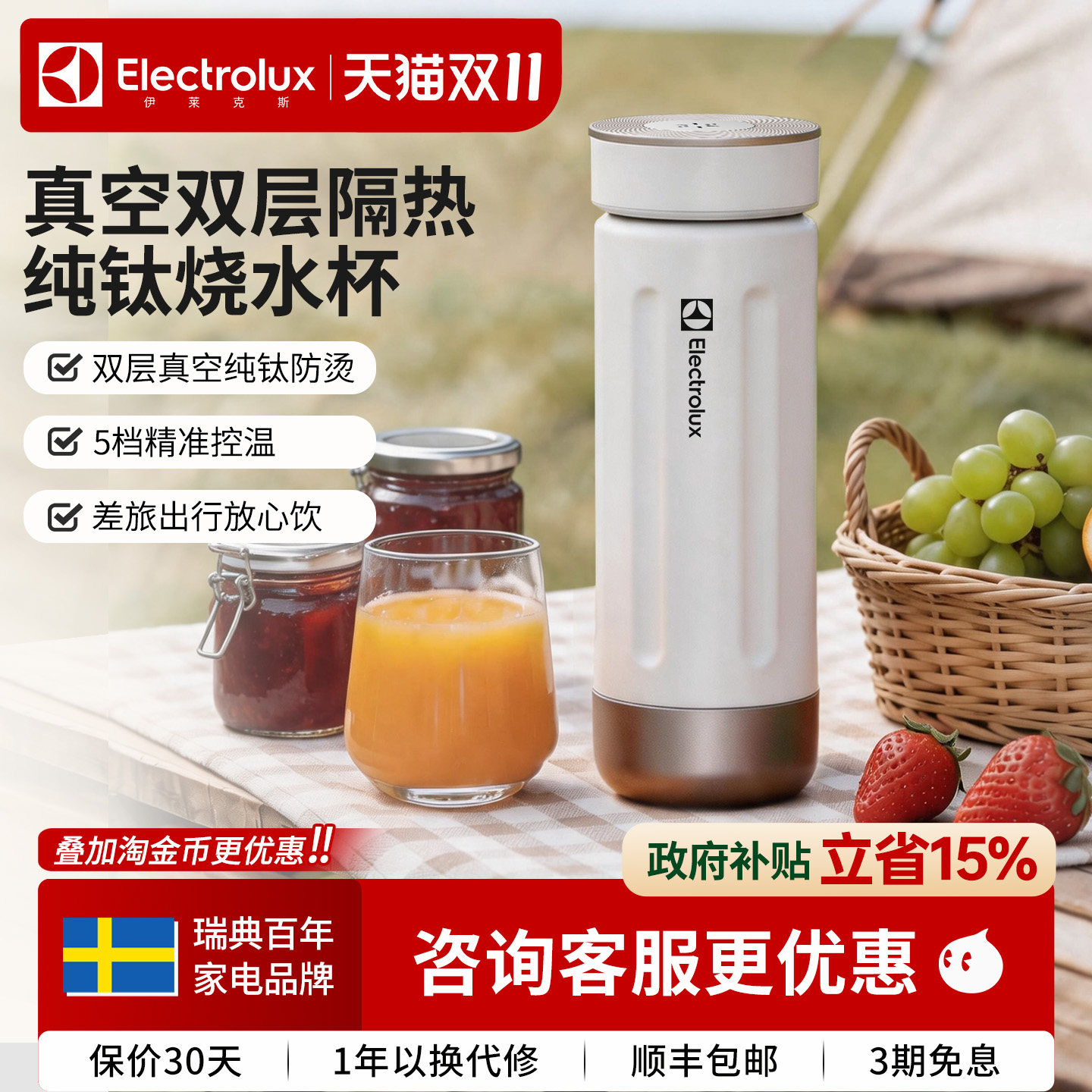 伊莱克斯便携式纯钛烧水杯双层真空电热水杯保温恒温水壶小型旅行