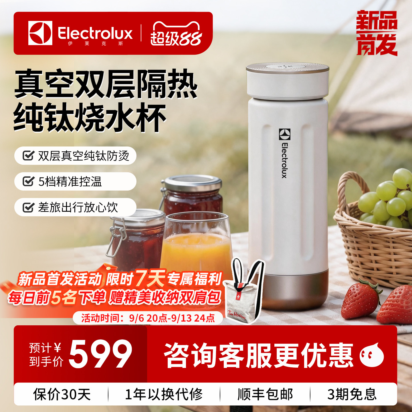 伊莱克斯便携式纯钛烧水杯双层真空电热水杯保温恒温水壶小型旅行