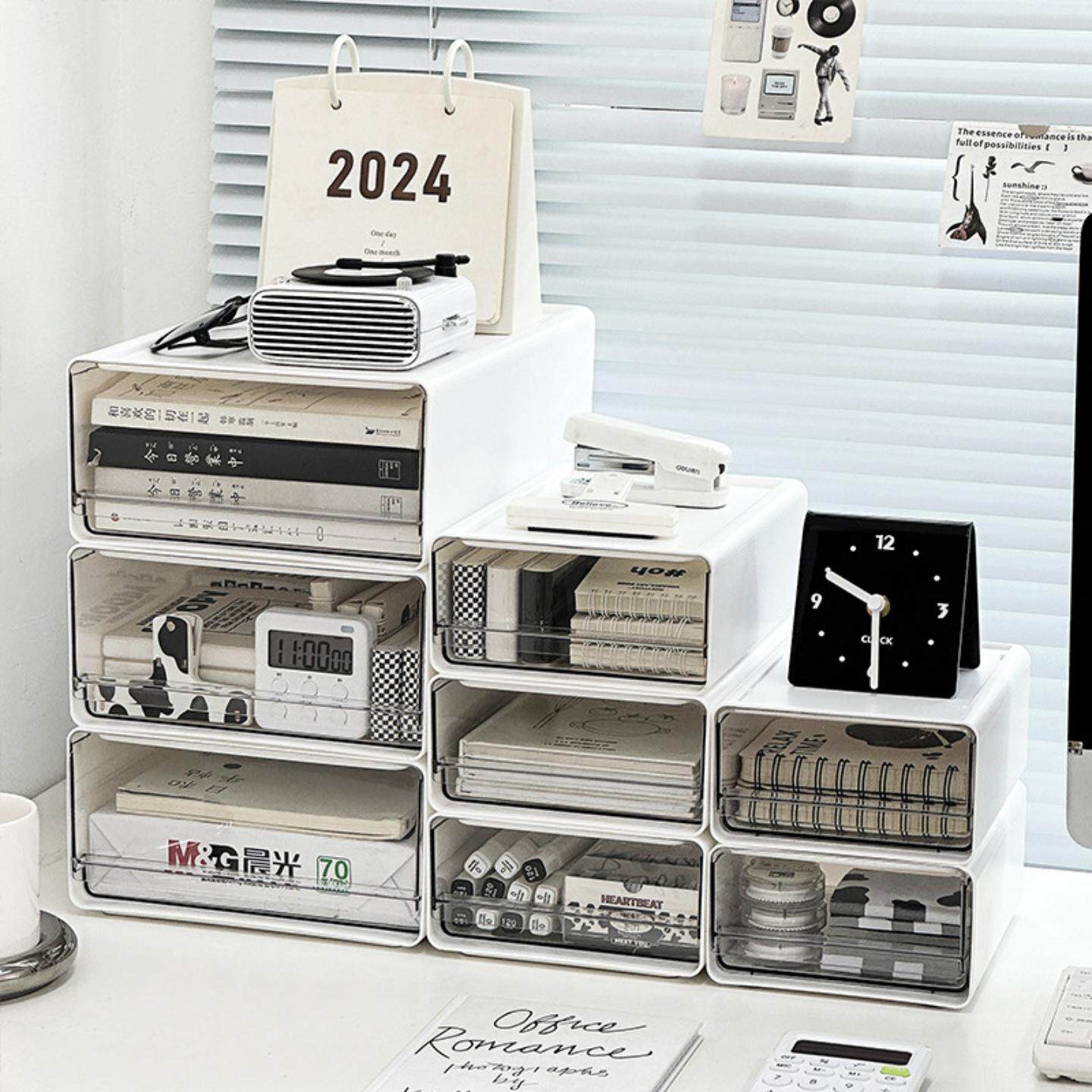 办公室桌面文件收纳盒透明抽屉式工位整理柜储物盒可叠加收纳柜桌面文