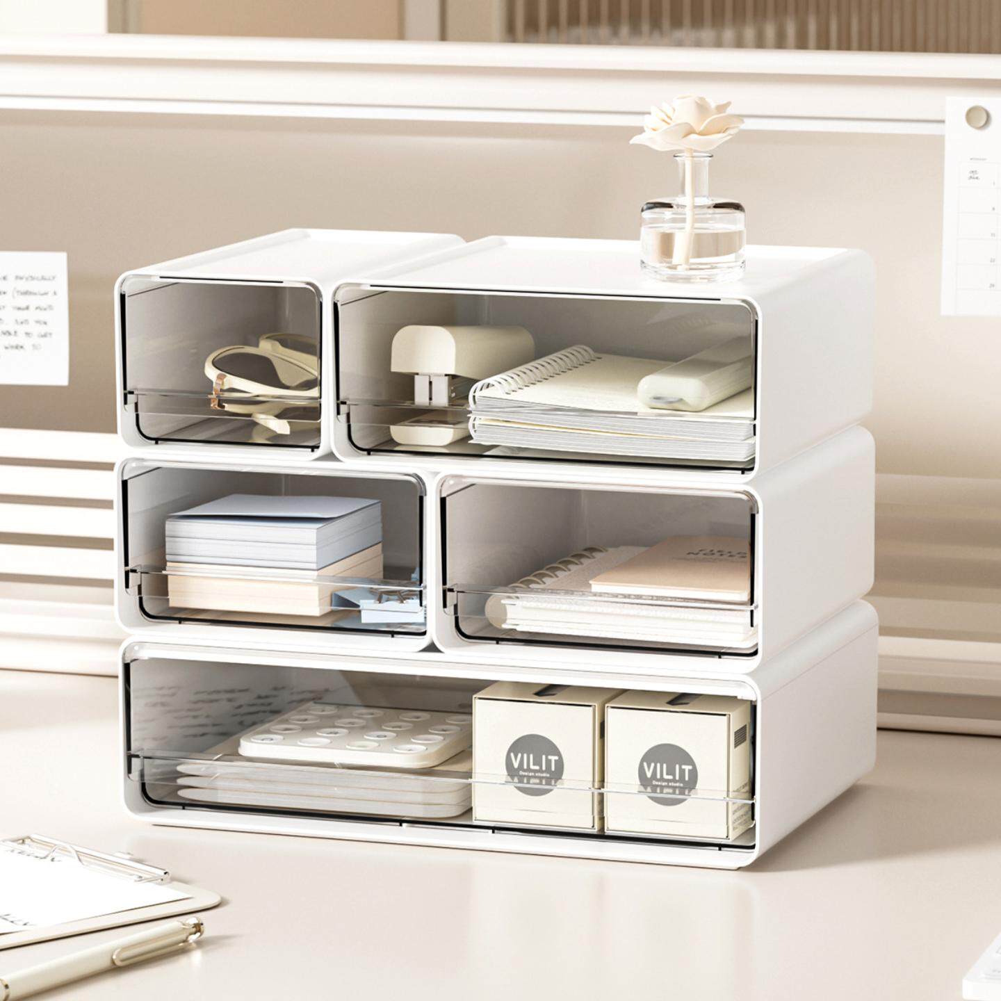 简约抽屉式桌面纳盒多格化妆品整理储物柜可叠加办公室文件收纳盒