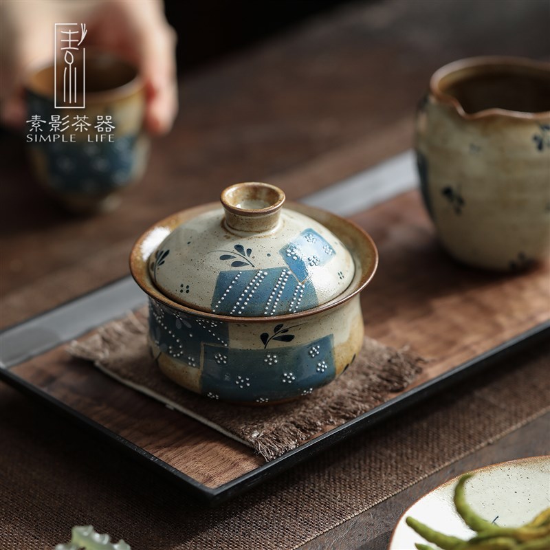 老岩泥蓝布花拼手绘陶瓷三才盖碗功夫茶具高档敬茶碗办公室泡茶器