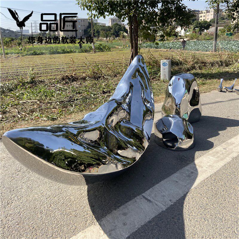 不锈钢镜面太湖石船雕塑金属户外水景水池帆船艺术抽象创意摆件