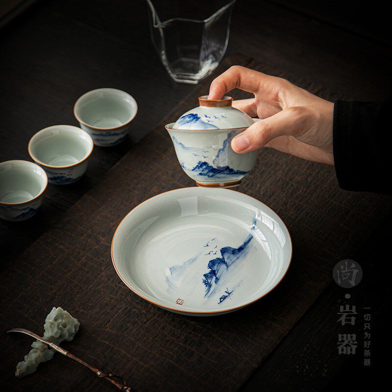复古手绘山水壶承陶瓷养壶垫功夫茶具干泡茶壶盖碗底座茶台小托盘