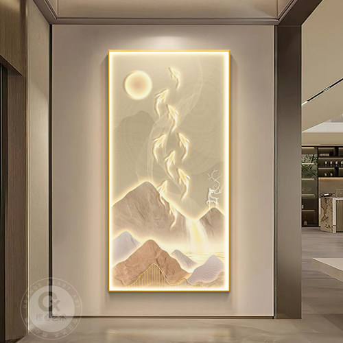 九鱼图玄关装饰画带LED灯入户门正对墙挂画现代轻奢走廊过道壁画