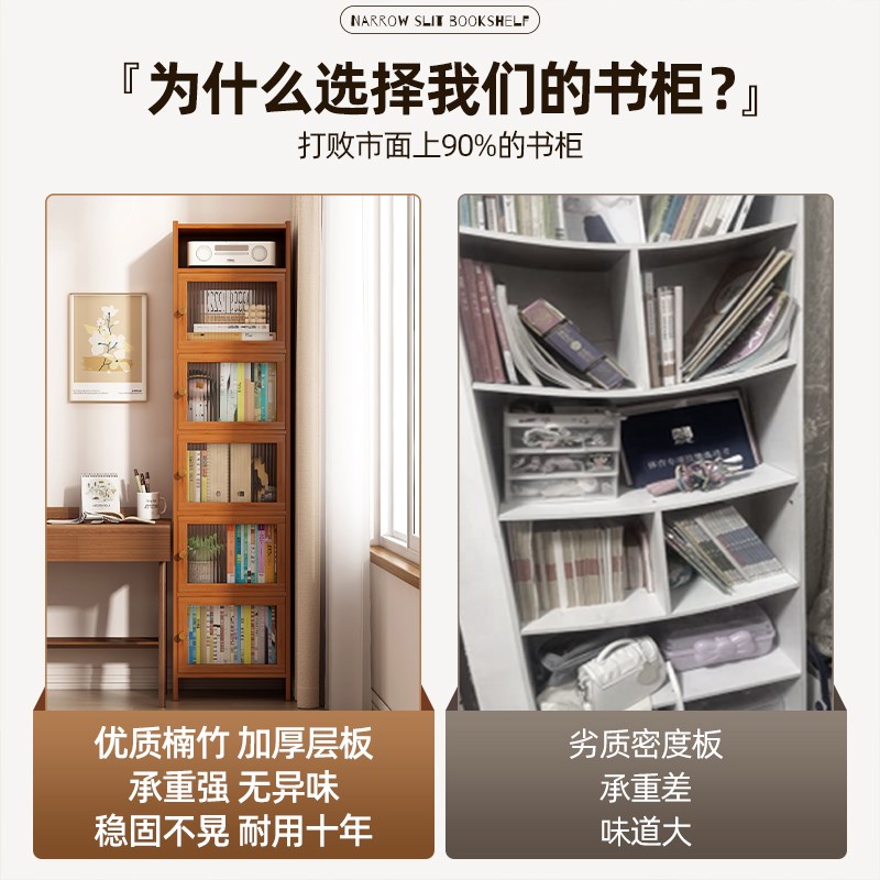 书架落地置物架书柜带柜门防尘高窄柜夹缝储物一体靠墙边角落立柜