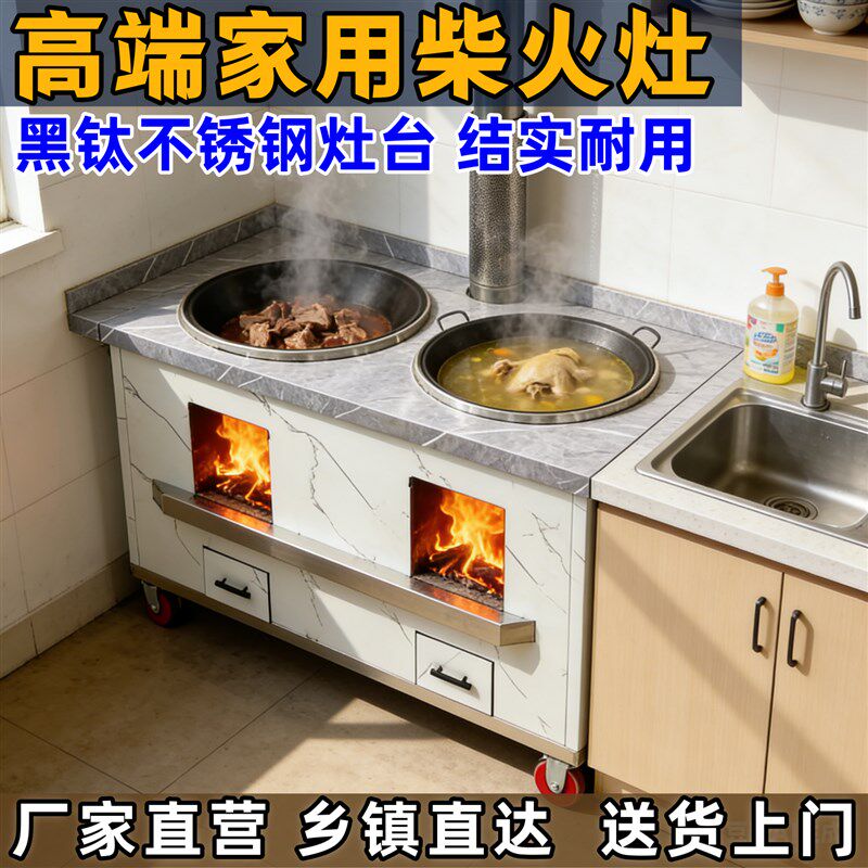 柴火灶新款农村家用黑钛不锈钢双灶户外移动庭院烧木柴无烟柴火炉