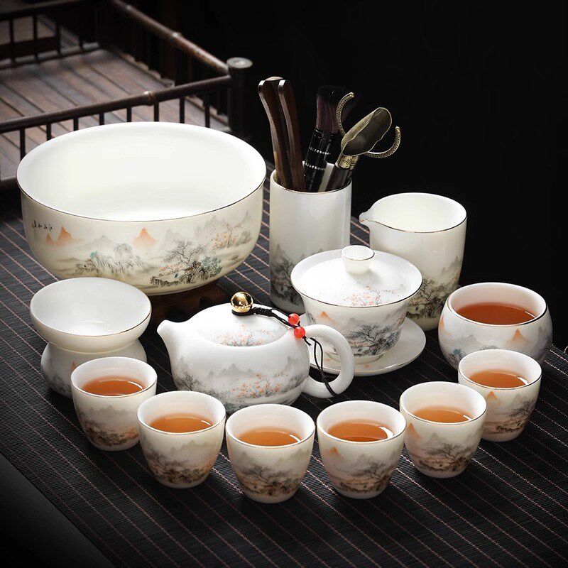 新款羊脂玉白瓷茶具套装家用办公泡茶壶盖碗功夫茶杯高档轻奢送礼