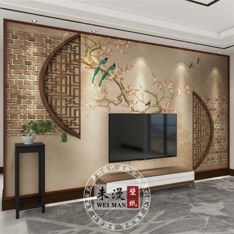 3d新中式电视背景墙壁纸现代中国风壁画客厅装饰墙布玉兰花鸟墙纸