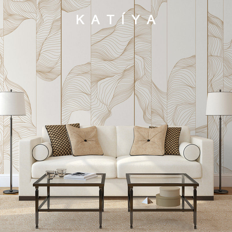 Katiya新中式轻奢金色线条墙布电视背景墙壁纸定制壁画客厅高档3d