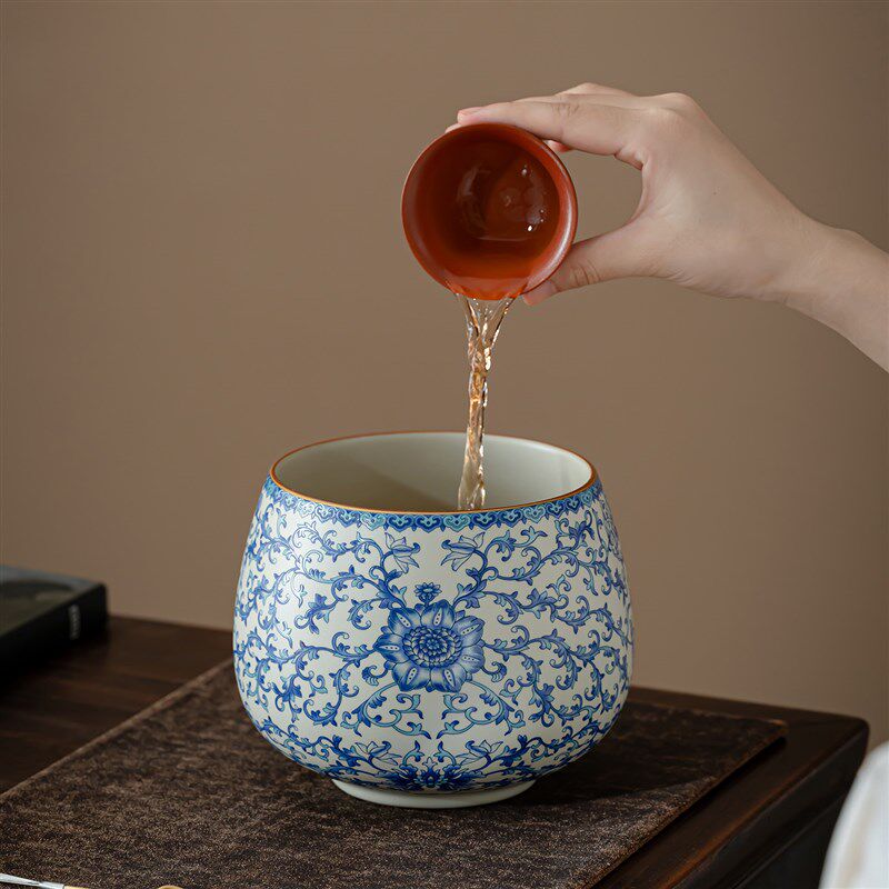 青花汝窑茶洗建水陶瓷大容量茶渣缸废水桶烟灰缸水盂茶具配件