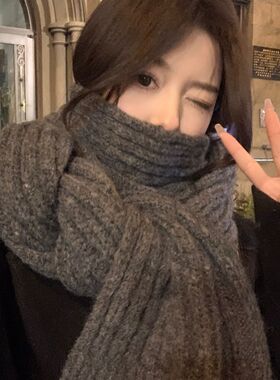 韩版羊毛混纺针织纯色毛线情侣灰色围巾女秋冬加厚保暖百搭围脖男