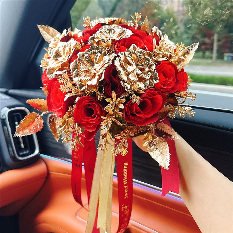 中式新娘手捧花彷真花中国风接亲秀禾搭配摄影假花轻奢金花玫瑰
