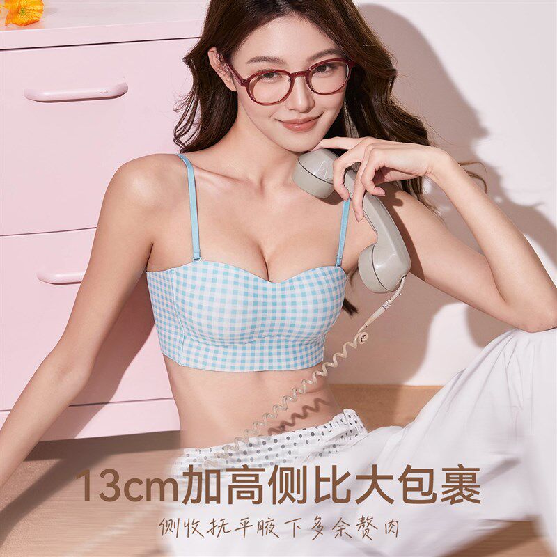 复古格纹抹胸内衣女夏薄款小胸聚拢2026新款裹胸吊带细肩带文胸罩