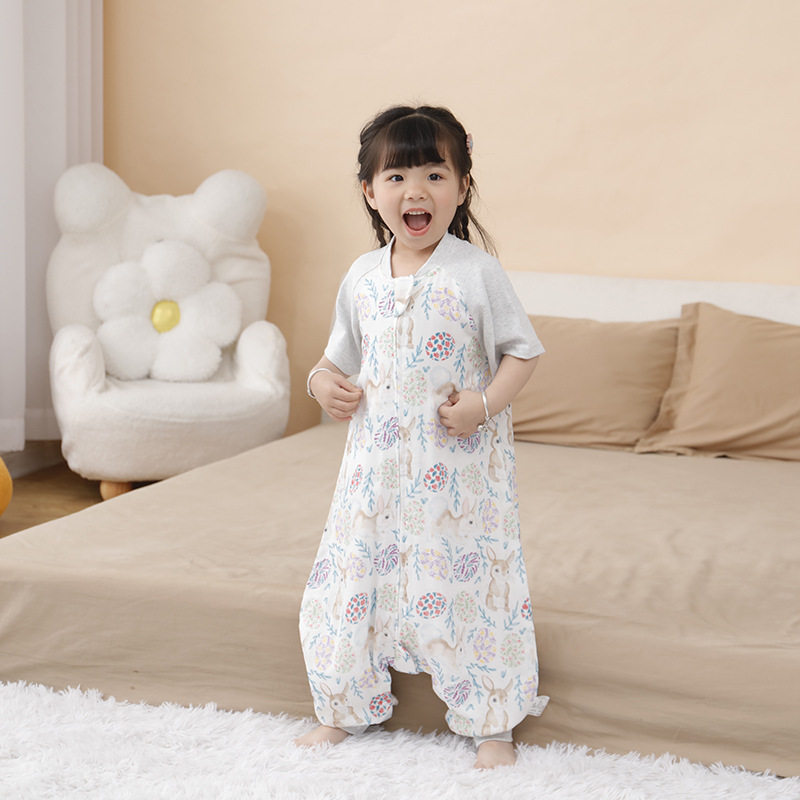 婴幼儿夏季短袖纱布分腿睡袋宝宝冷气房防踢被前厚后薄连体睡衣童
