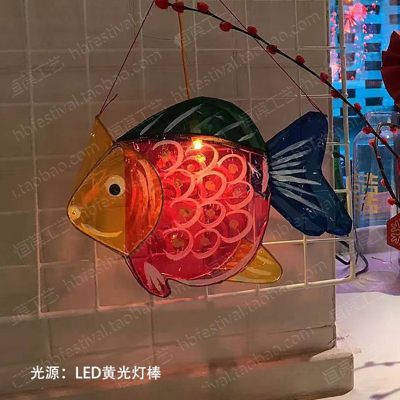 包邮 传统广东广州地区手工中秋元宵节花灯手绘玻璃纸金鱼灯笼