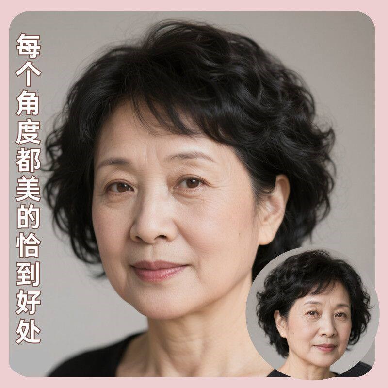 假发短发女真发全真人发妈妈款全头套中老年短卷发自然假发梨花烫