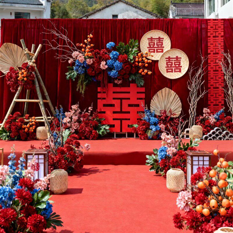 红色蓝婚庆仿真花婚礼场景布置假花造景地排花软装花艺插花玫瑰花