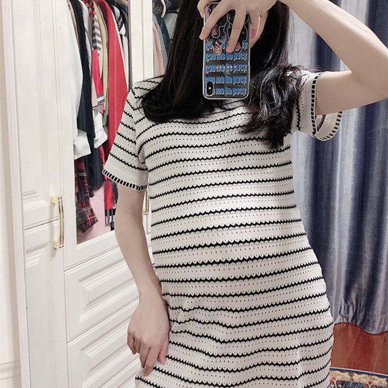 孕妇装裙子夏装2025新款夏季时尚小个子宽松条纹冰丝针织连衣裙女