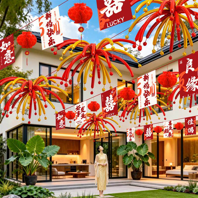 农村院子结婚装饰拉花室外婚礼现场彩带灯笼场景布置婚庆用品大全