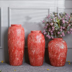 中式 复古田园落地大红花瓶插花干花粗陶客厅酒店别墅做旧陶瓷摆件