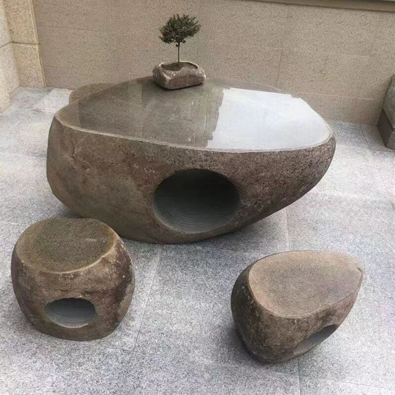 石桌石鹅卵石户外庭院花园石台休闲石桌椅公园别墅天然装饰摆件