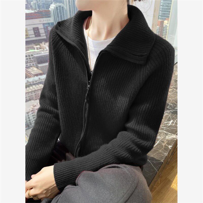 街头休闲拉链开衫毛衣外套女修身翻领2024新款秋冬立领打底针织衫
