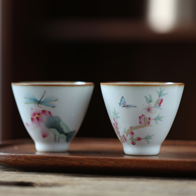 景德镇手工手绘桃花荷花蜻蜓斗笠主人聚香茶杯汝窑开片文艺品茗杯