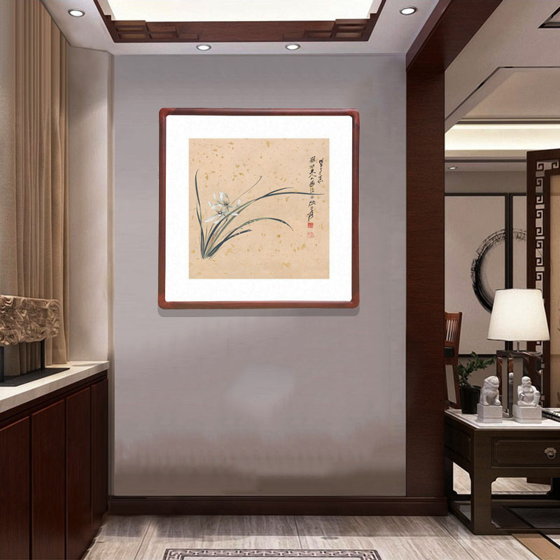 兰花水墨画有框新中式客厅装饰画餐厅玄关过道方形壁画张大千字画