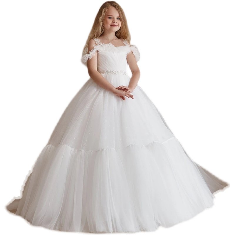 白色儿童拖尾长裙网纱女孩礼服公主裙高端女童钢琴演出服花童生日