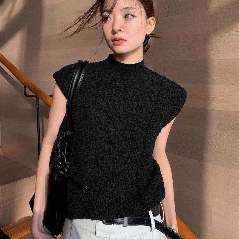 洛边 生人勿近!针织上衣夏季新款背心无袖半高领氛围感T恤百搭女