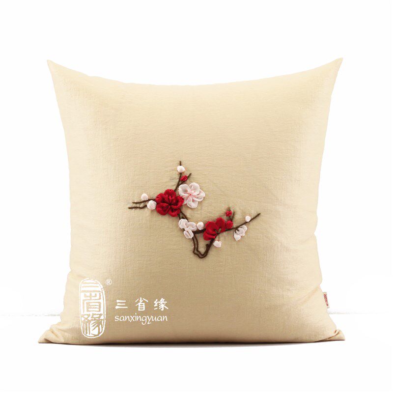 松竹梅手工丝带绣抱枕靠垫居家靠包沙发大靠背套午睡枕送枕芯包邮