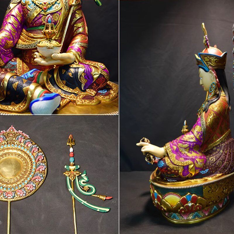 莲花生大士佛像彩绘背光尼泊尔高端纯铜莲师铜像手工家用供奉摆件