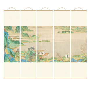 新中式山水书房茶室卷轴挂画浔阳送别图玄关客厅竹帘画饭厅装饰画