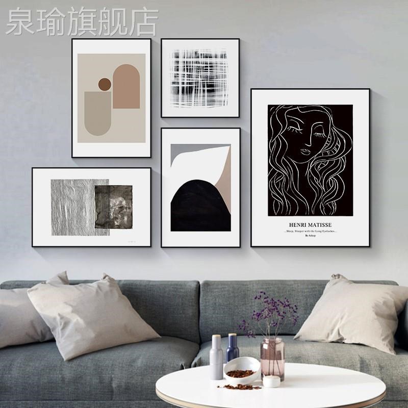 网红北廊欧抽像壁客厅走挂画长方形画装饰画过道卧室黑白横版画