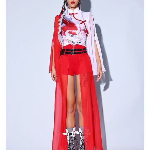 女团打歌服中国风爵士舞旗袍修身年会舞蹈演出服装红色国潮舞台装