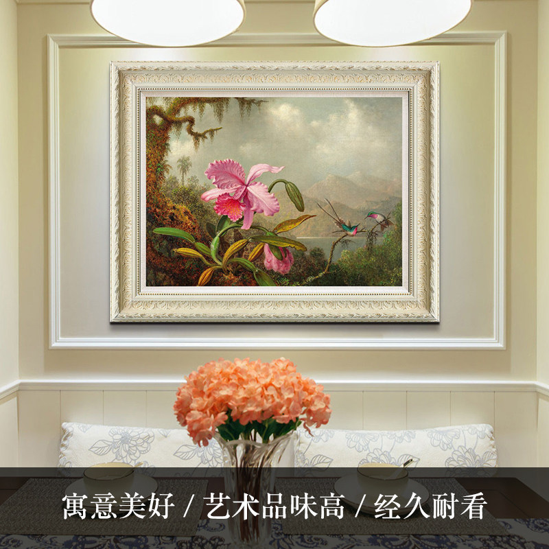 风色兰花与蜂鸟古典花鸟油画美式欧式餐厅卧室装饰画实木框挂画