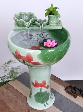 陶瓷落地式立柱鱼缸家用流水喷泉大号碗莲睡莲乌龟养鱼盆造景摆件