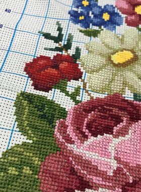 纯手工十字绣成品蓝色瓶子花瓶蓝瓶玫瑰新款客厅餐厅花草包邮