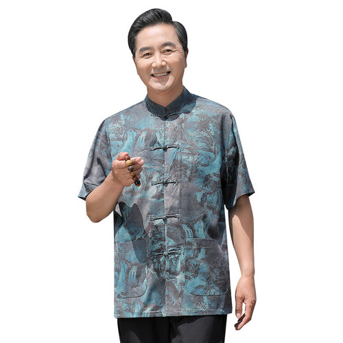 唐装男中老年爸爸夏装短袖爷爷夏季套装老年人中国风蚕丝衣服70岁