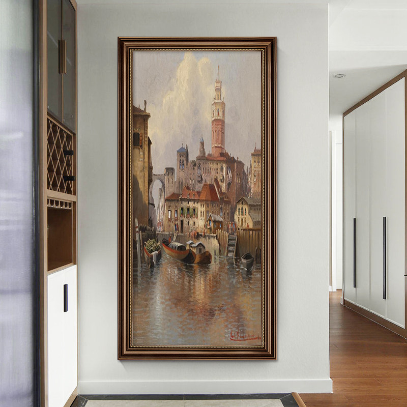 美式建筑油画玄关装饰画走廊挂画复古艺术墙画欧式街景别墅风景画