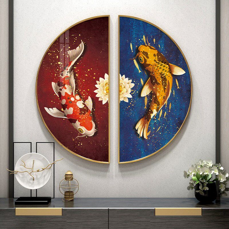 定做太极图挂画阴阳鱼新中式禅意装饰画客厅半圆玄关墙壁画锦鲤中