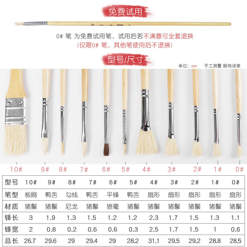 吾辰一木水粉笔9支套装猪鬃狼毫水粉油画丙烯勾线鱼尾扇形笔排刷