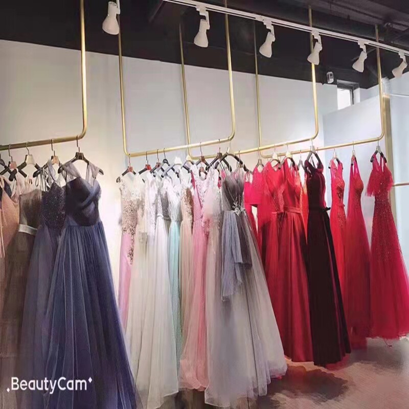 服装店展示架吊架悬吊式天花板悬挂衣架金色铁艺女装店U型婚纱架