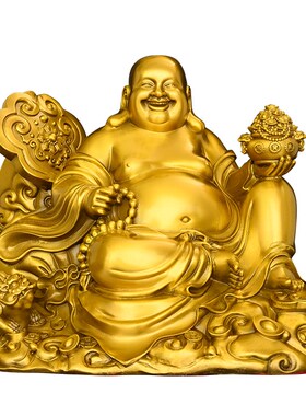 黄铜如意笑佛摆件大肚弥勒佛家居桌面装饰铜聚宝盆笑佛布袋元宝佛