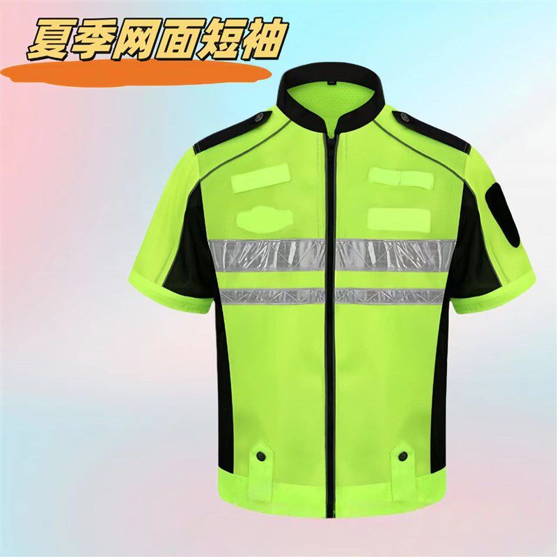 夏季弹力速干透气短袖衬衣防晒骑行服交通应急救援反光铁骑机车服