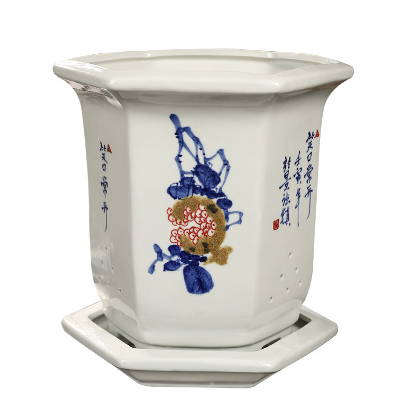景德镇青花瓷陶瓷手绘花盆六角兰花钵专用盆文竹芦苇新中式带托盘图片